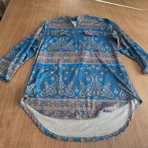St. Jubileens Boho Paisley Tunic Top Size L Blue Long Sleeve High Low